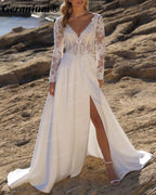 Geranium Deep V-Neck Lace Long Sleeve A-Line Wedding Dress with Slit – GER110