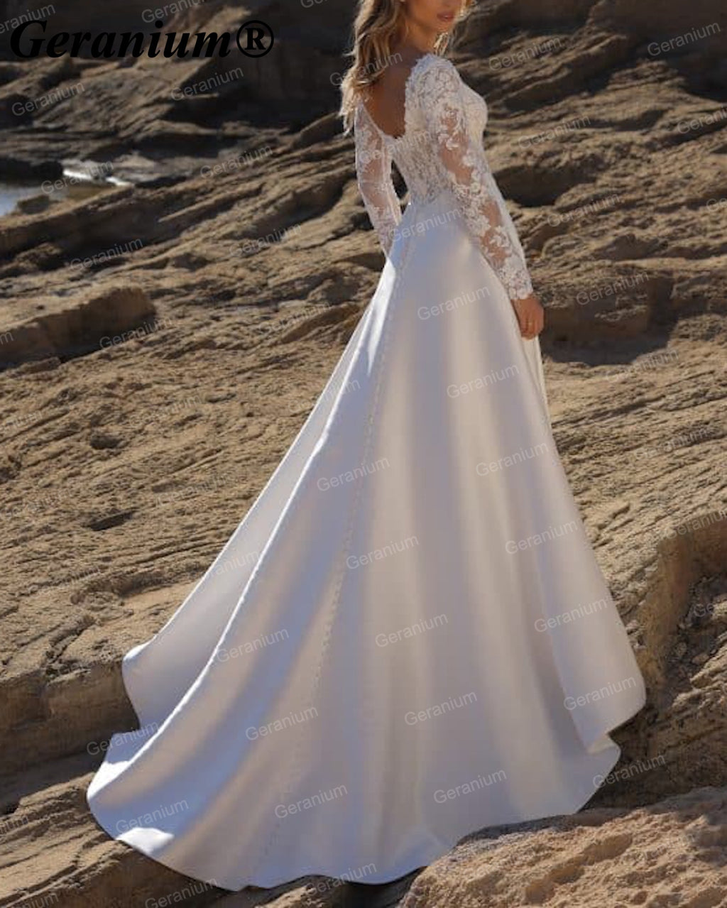 Geranium Deep V-Neck Lace Long Sleeve A-Line Wedding Dress with Slit – GER110