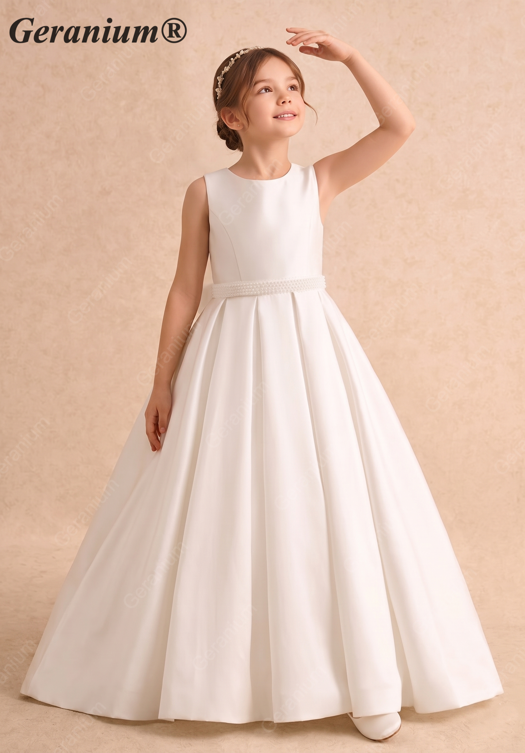 Gearanium Elegant Pearl Belt Satin Flower Girl Dress with Oversized Back Bow - Sleeveless A-Line Communion Gown KD-290 Main image