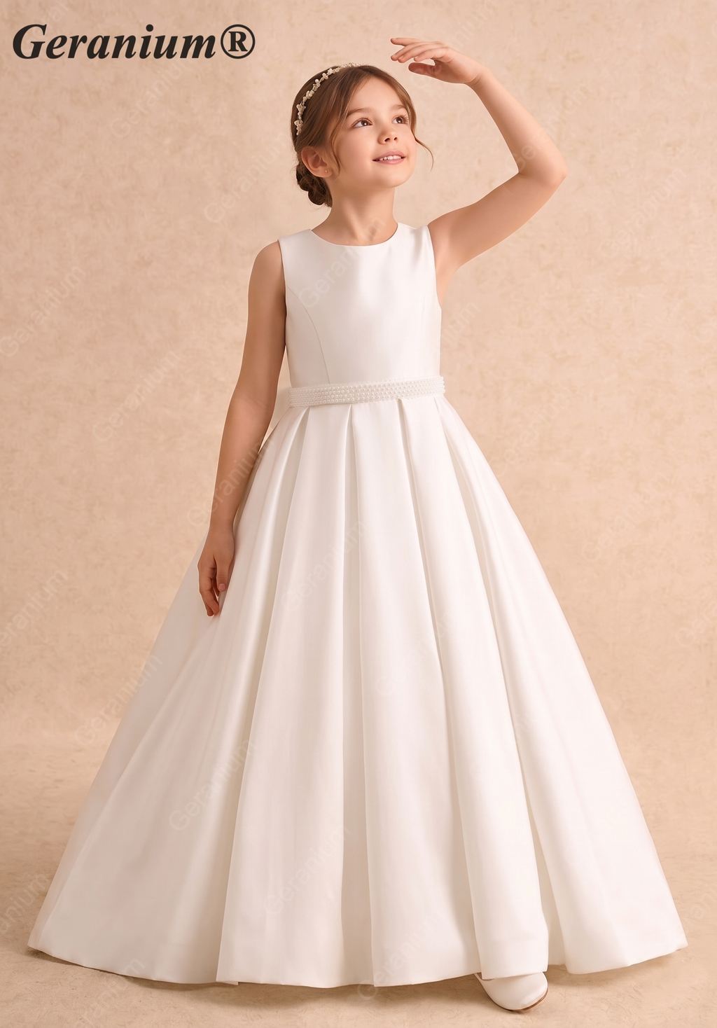 Gearanium Elegant Pearl Belt Satin Flower Girl Dress with Oversized Back Bow - Sleeveless A-Line Communion Gown KD-290