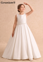 Gearanium Elegant Pearl Belt Satin Flower Girl Dress with Oversized Back Bow - Sleeveless A-Line Communion Gown KD-290