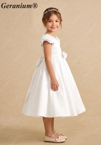 Geranium Elegant Pearl Beaded Neckline Satin Flower Girl Dress with Puff Sleeves & Back Bow KD-223