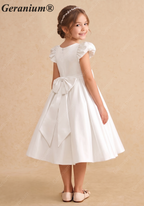 Geranium Elegant Pearl Beaded Neckline Satin Flower Girl Dress with Puff Sleeves & Back Bow KD-223