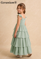Geranium Sage Green Tiered Chiffon Flower Girl Dress with Flutter Sleeves | Elegant Junior Bridesmaid Gown KD-217