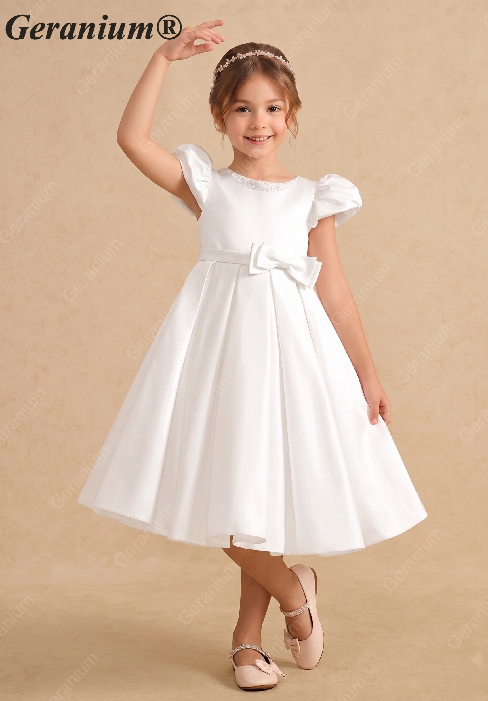 Geranium Elegant Pearl Beaded Neckline Satin Flower Girl Dress with Puff Sleeves & Back Bow KD-223 Secondary image