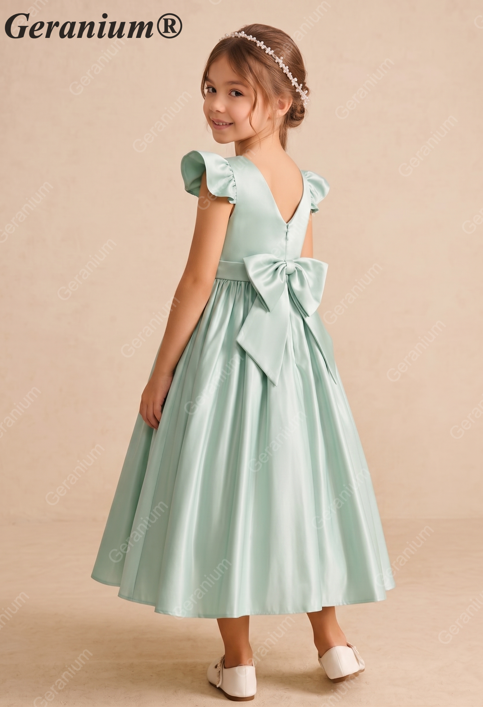 Geranium Mint Green Satin Flower Girl Dress with Flutter Sleeves & Back Bow - Elegant A-Line Communion Party Gown KD-252