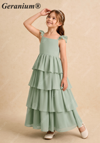 Geranium Sage Green Tiered Chiffon Flower Girl Dress with Flutter Sleeves | Elegant Junior Bridesmaid Gown KD-217