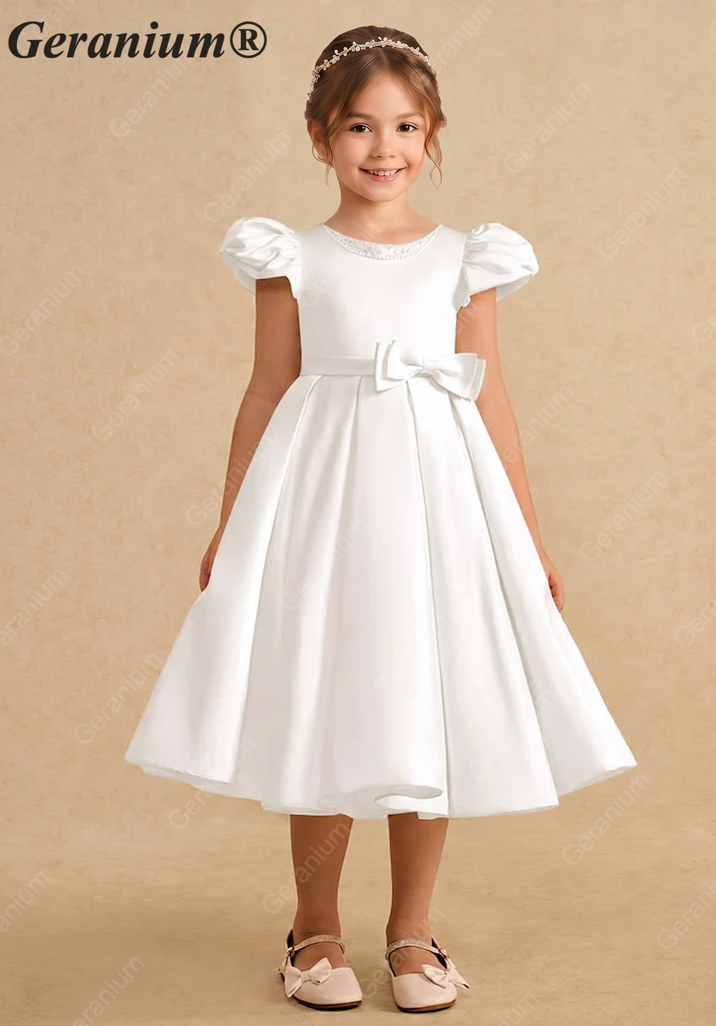 Geranium Elegant Pearl Beaded Neckline Satin Flower Girl Dress with Puff Sleeves & Back Bow KD-223