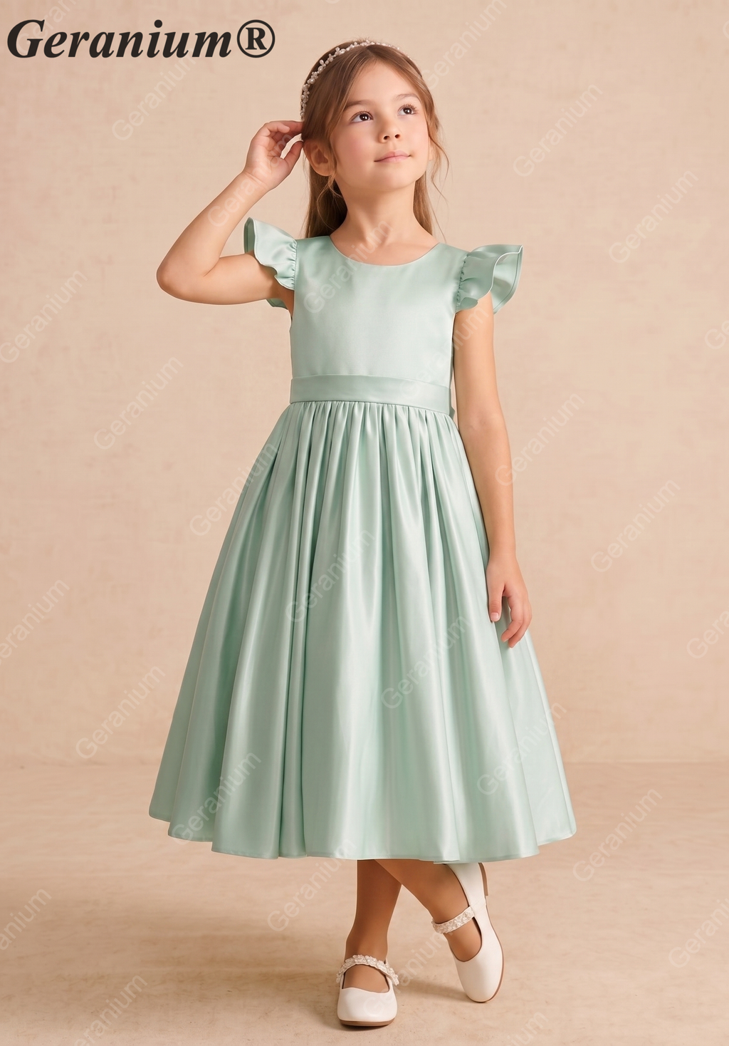 Geranium Mint Green Satin Flower Girl Dress with Flutter Sleeves & Back Bow - Elegant A-Line Communion Party Gown KD-252