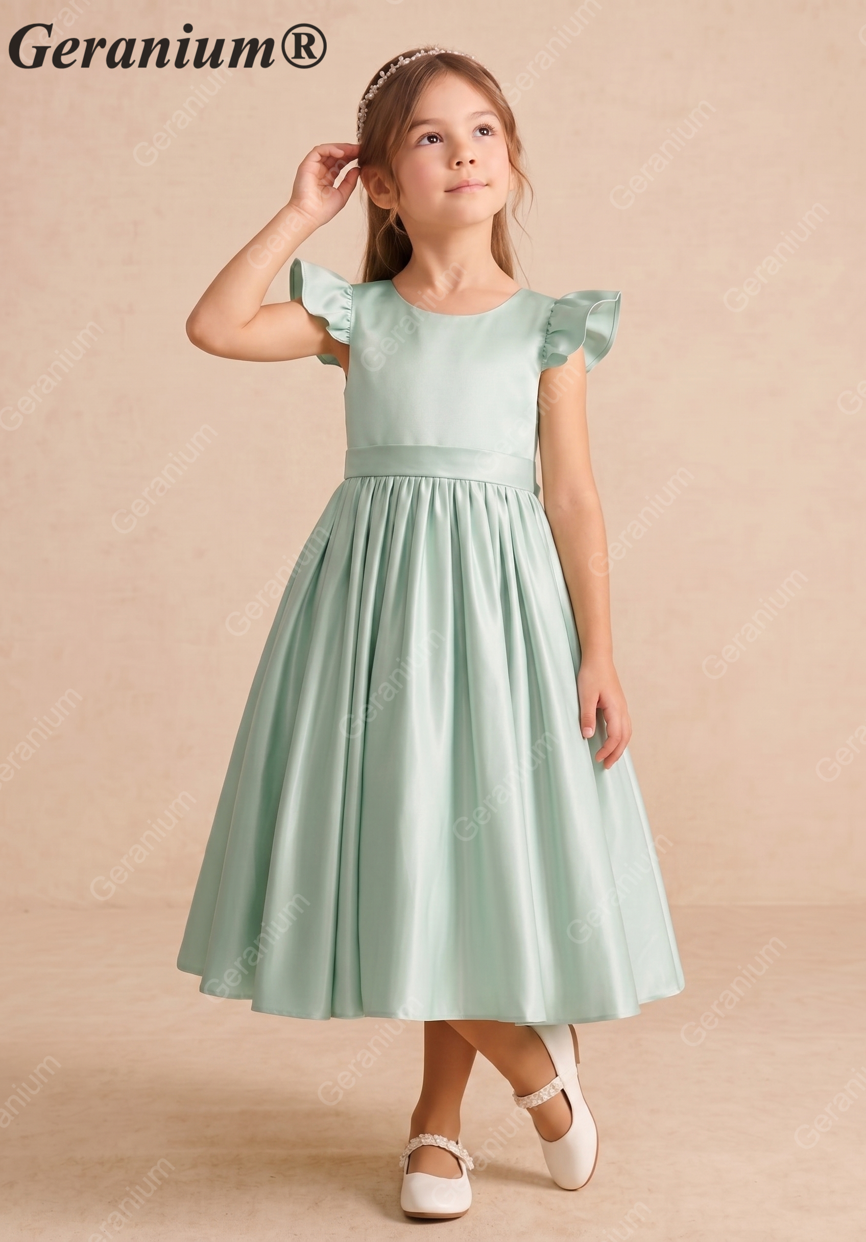 Geranium Mint Green Satin Flower Girl Dress with Flutter Sleeves & Back Bow - Elegant A-Line Communion Party Gown KD-252