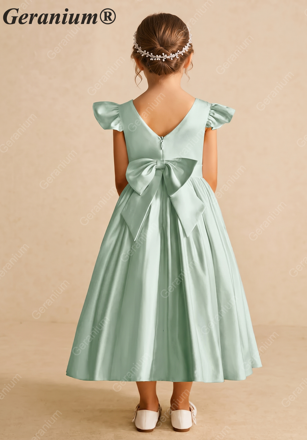 Geranium Mint Green Satin Flower Girl Dress with Flutter Sleeves & Back Bow - Elegant A-Line Communion Party Gown KD-252