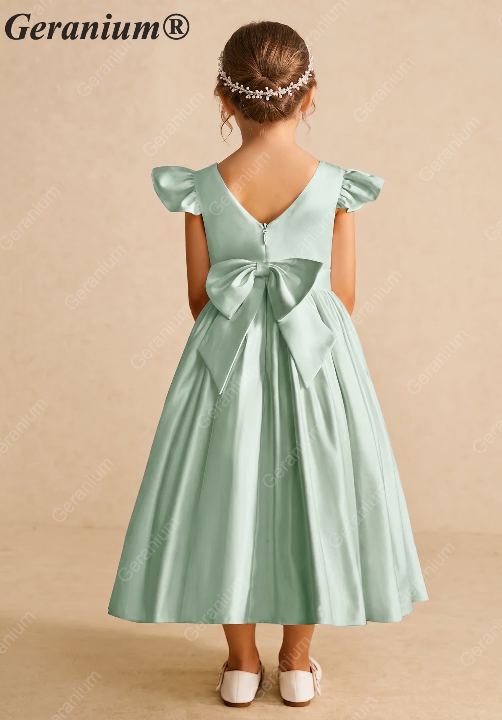 Geranium Mint Green Satin Flower Girl Dress with Flutter Sleeves & Back Bow - Elegant A-Line Communion Party Gown KD-252