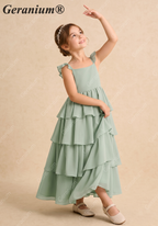 Geranium Sage Green Tiered Chiffon Flower Girl Dress with Flutter Sleeves | Elegant Junior Bridesmaid Gown KD-217