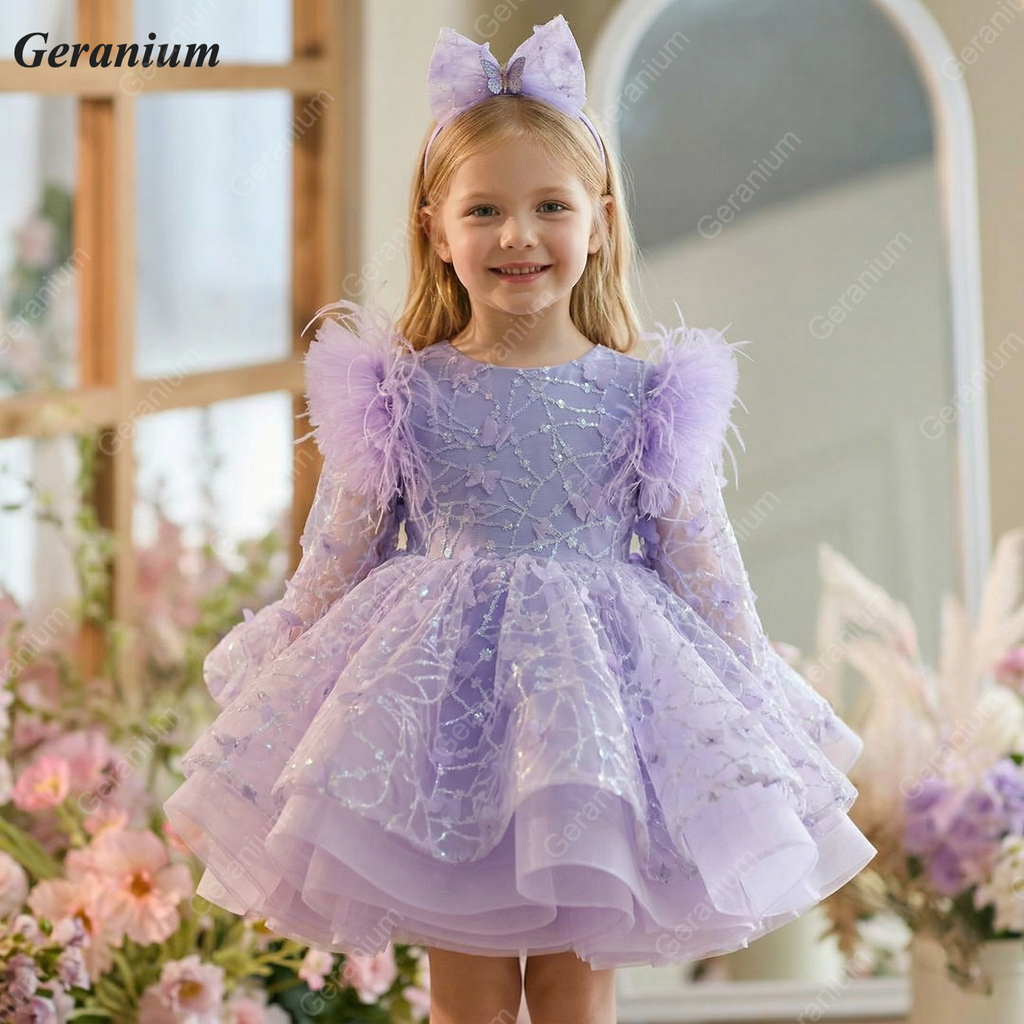 Geranium Pink Butterfly Lace Flower Girl Dress – Puffy Princess Tulle Birthday Party Dress for Girls KD-53