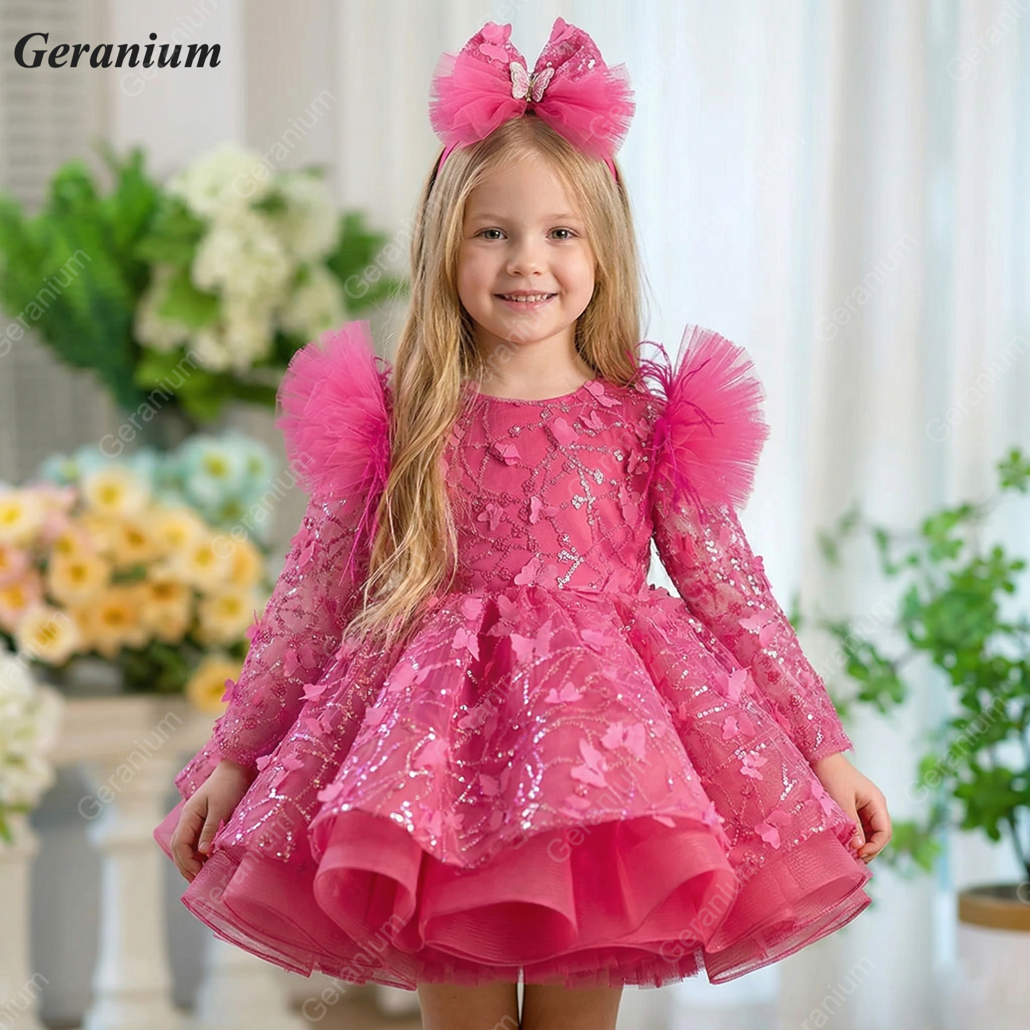 Geranium Pink Butterfly Lace Flower Girl Dress – Puffy Princess Tulle Birthday Party Dress for Girls KD-53