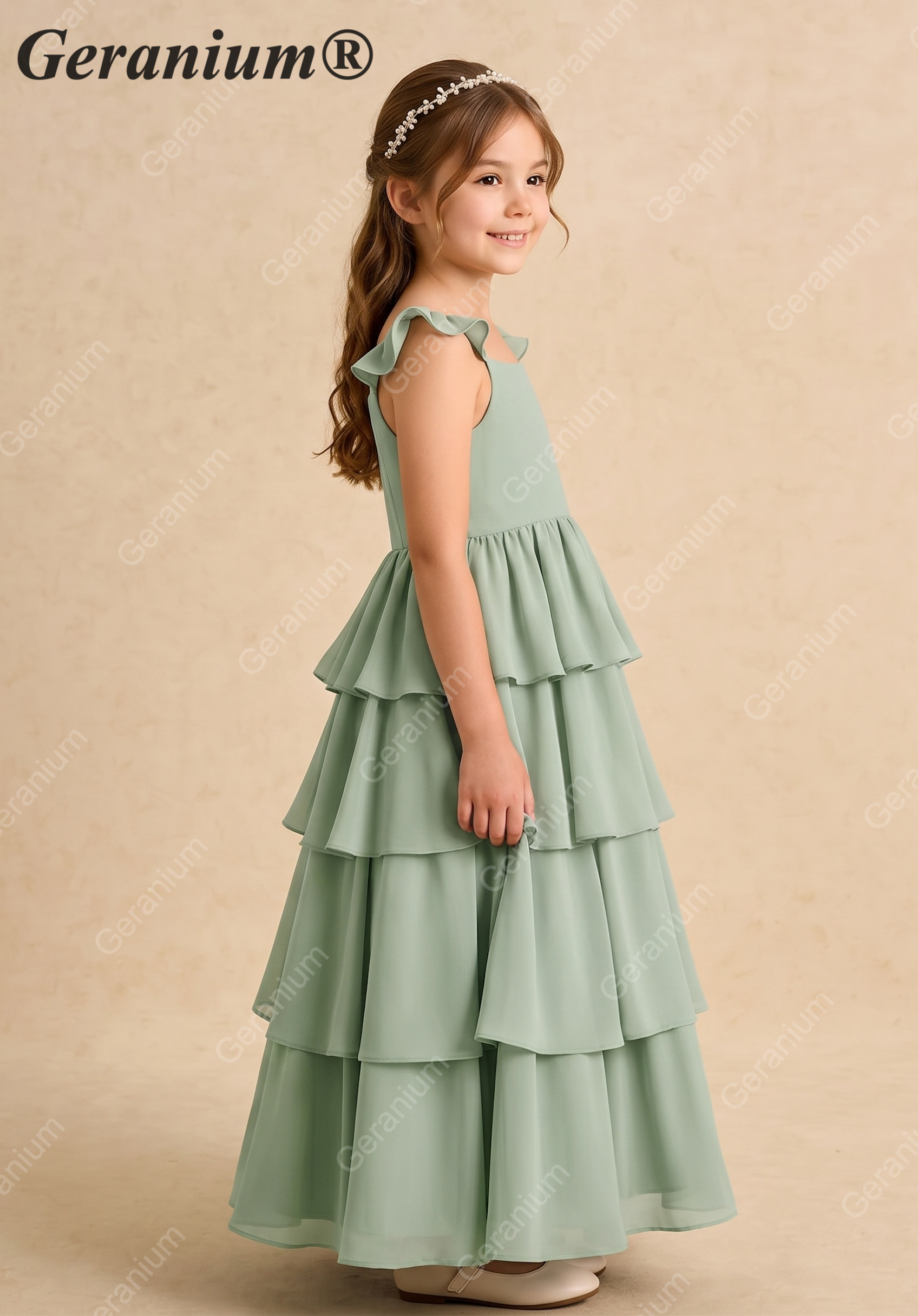 Geranium Sage Green Tiered Chiffon Flower Girl Dress with Flutter Sleeves | Elegant Junior Bridesmaid Gown KD-217