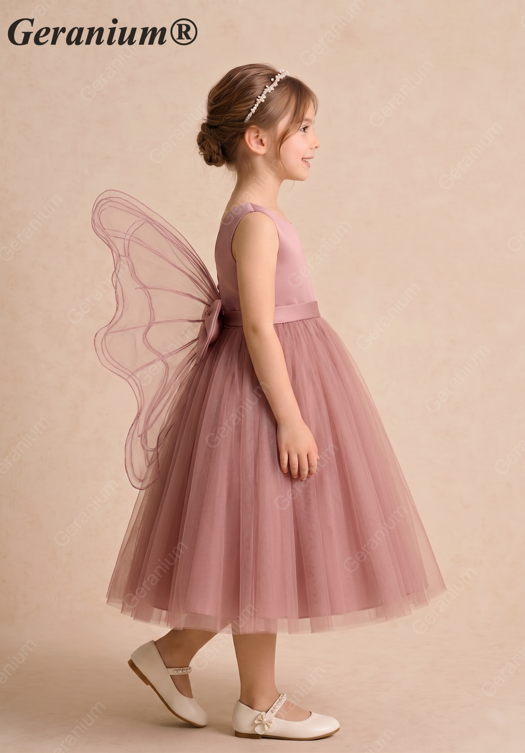 Geranium Enchanter Mauve Butterfly Wing Flower Girl Dress - Tulle Princess Party Gown for Kids KD-214