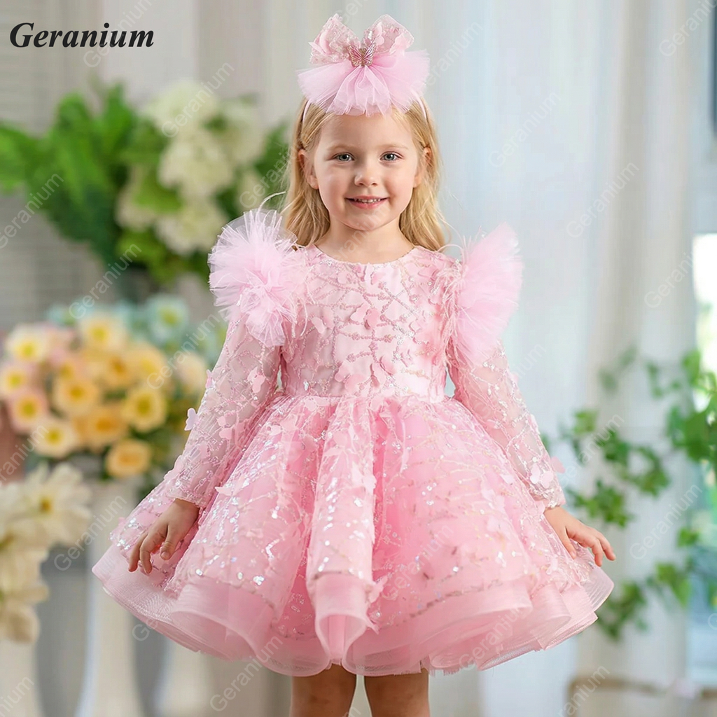 Geranium Pink Butterfly Lace Flower Girl Dress – Puffy Princess Tulle Birthday Party Dress for Girls KD-53