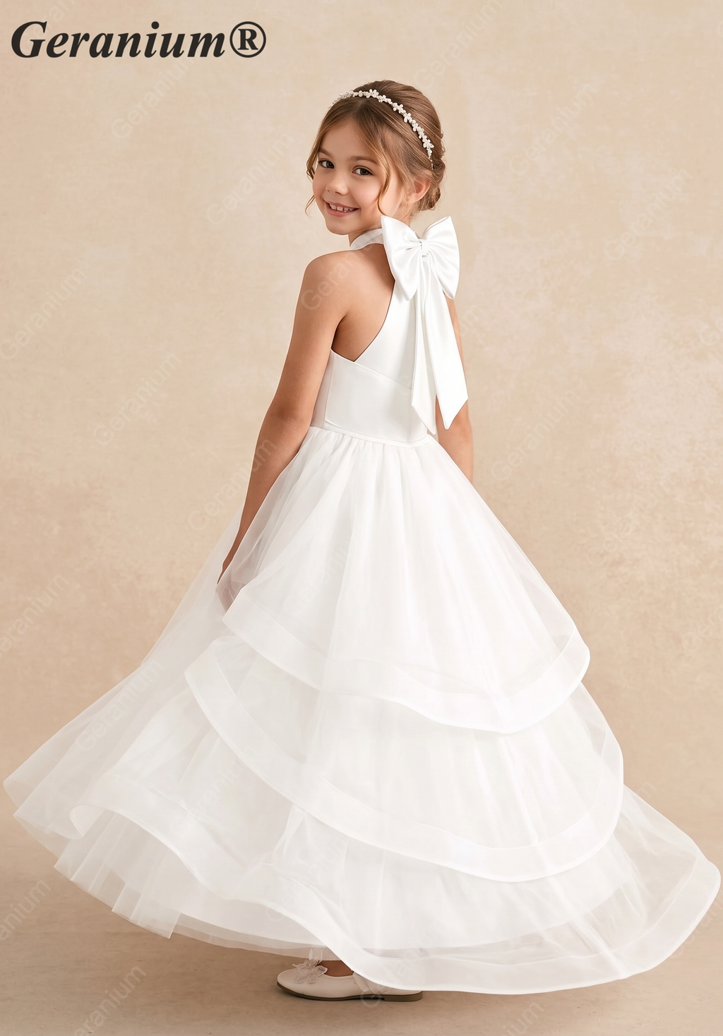 Geranium Elegant Halter Neck Satin Flower Girl Dress with Statement Back Bow & Tiered Tulle Skirt KD-193