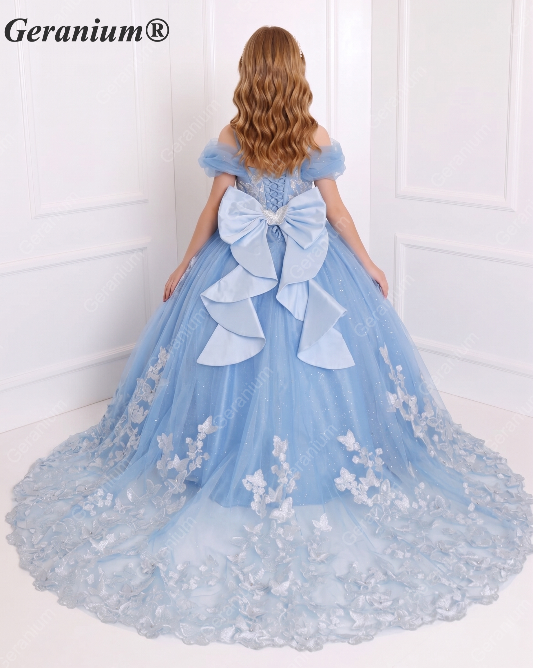 Geranium Couture Light Blue 3D Butterfly Tulle Pageant Ball Gown with Royal Train KD-380
