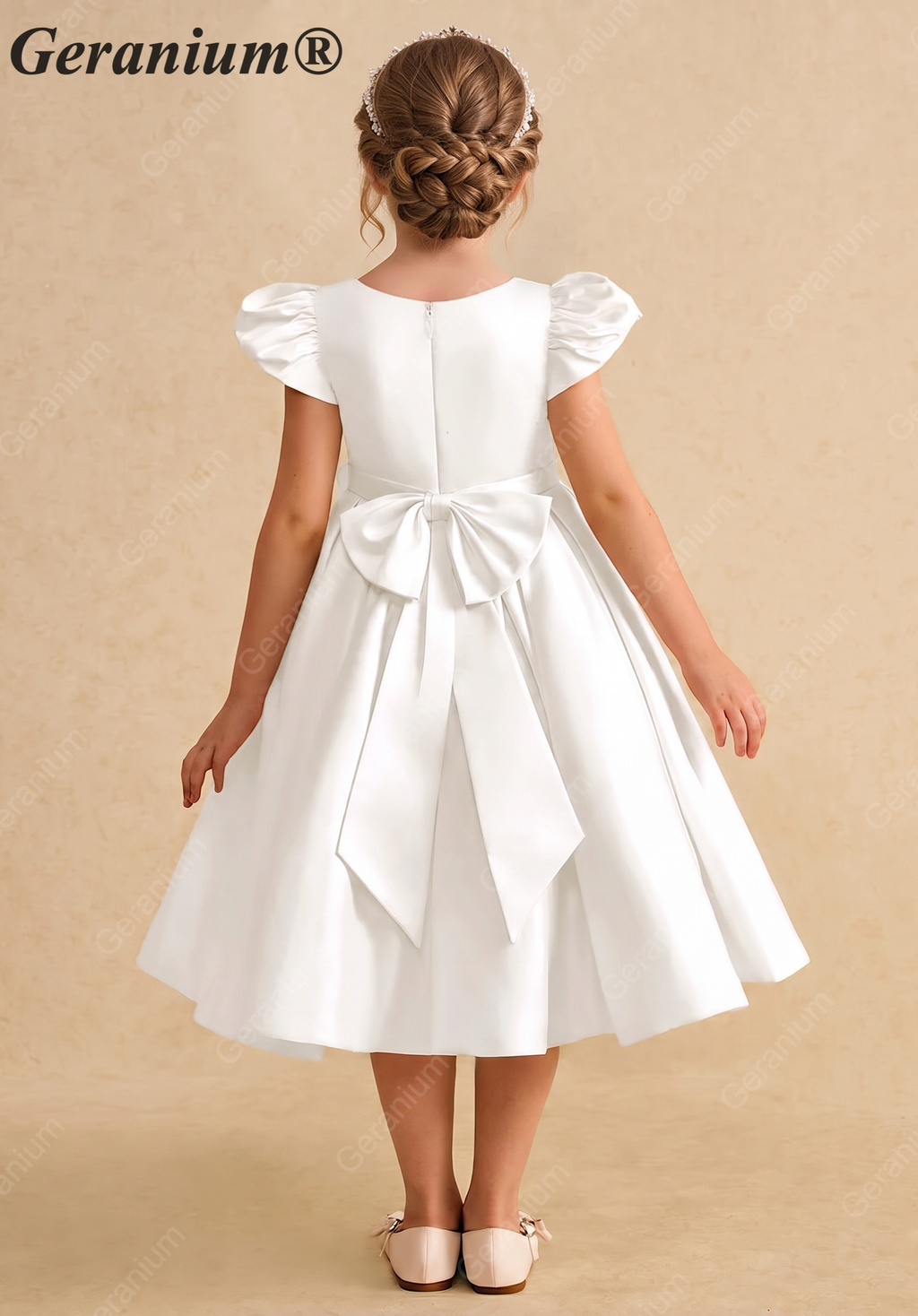 Geranium Elegant Pearl Beaded Neckline Satin Flower Girl Dress with Puff Sleeves & Back Bow KD-223