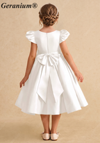 Geranium Elegant Pearl Beaded Neckline Satin Flower Girl Dress with Puff Sleeves & Back Bow KD-223