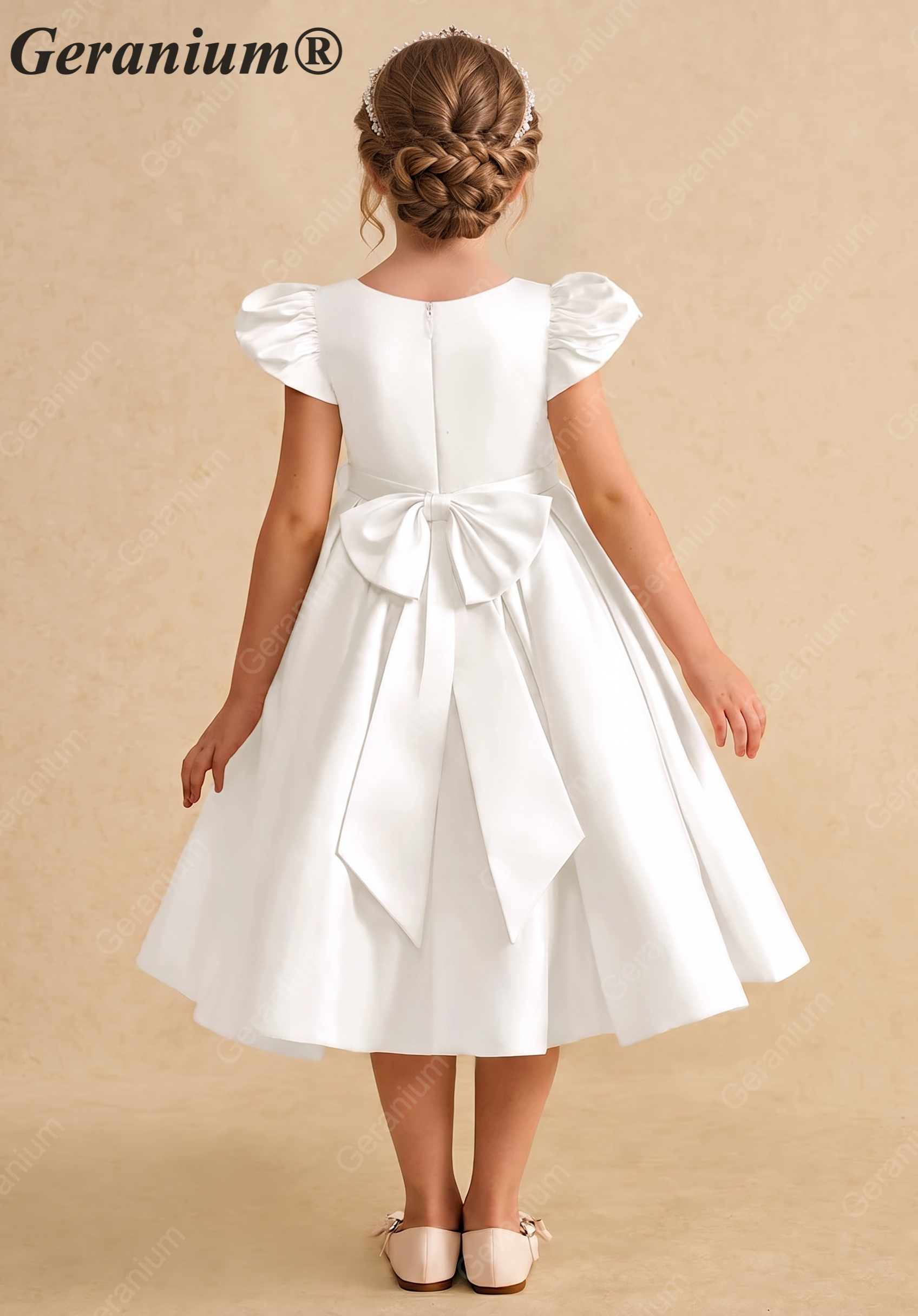 Geranium Elegant Pearl Beaded Neckline Satin Flower Girl Dress with Puff Sleeves & Back Bow KD-223