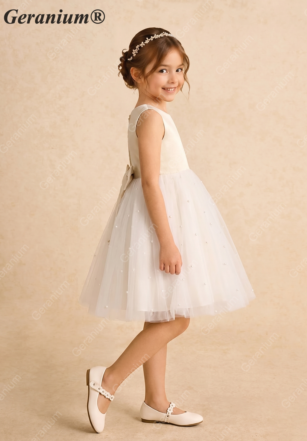 Geranium Elegant Pearl-Studded Tulle Flower Girl Dress with Oversized Back Bow - Champagne & Ivory KD-183