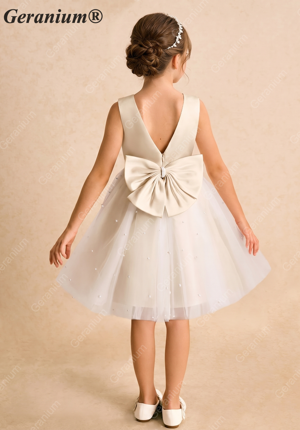 Geranium Elegant Pearl-Studded Tulle Flower Girl Dress with Oversized Back Bow - Champagne & Ivory KD-183