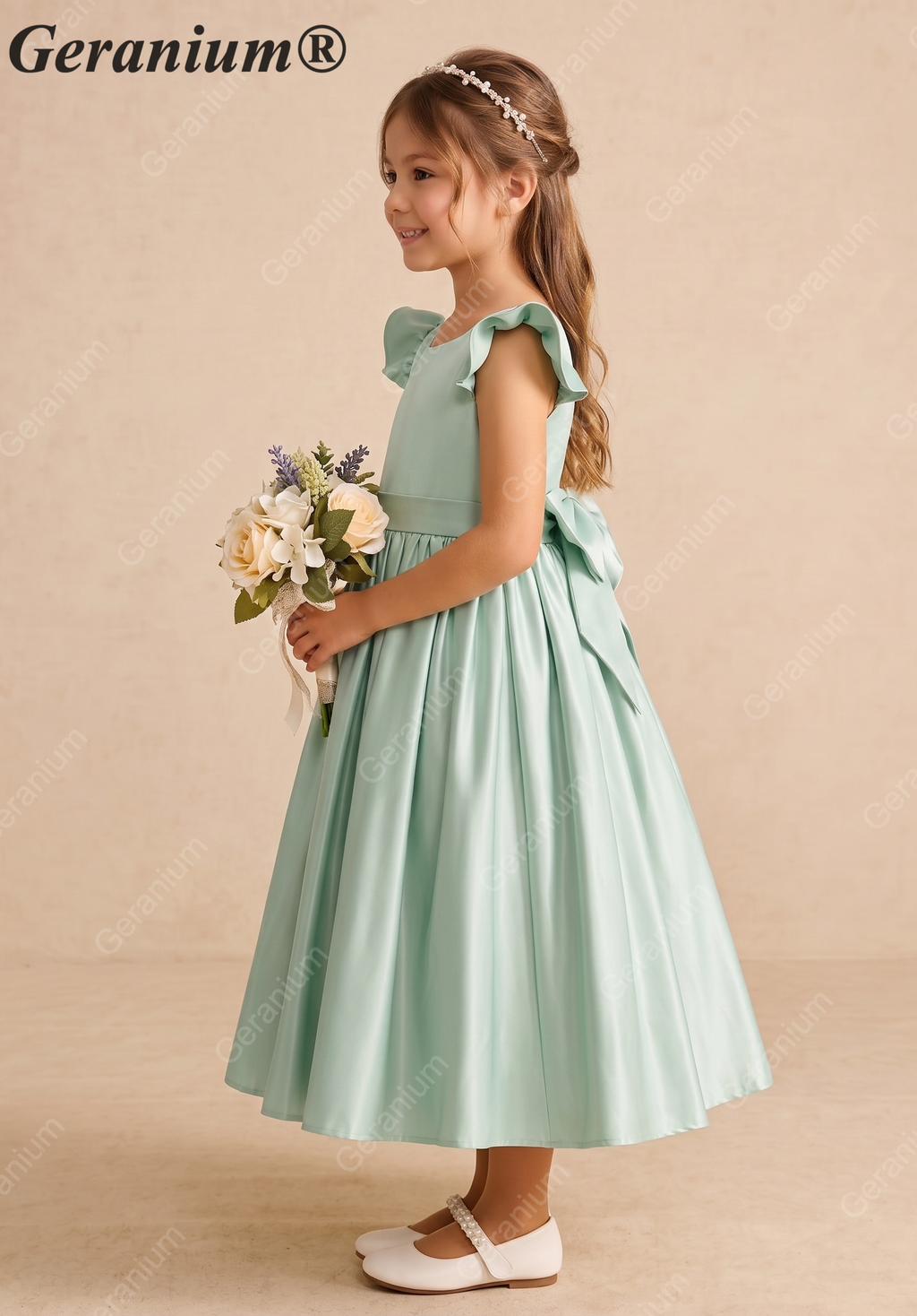 Geranium Mint Green Satin Flower Girl Dress with Flutter Sleeves & Back Bow - Elegant A-Line Communion Party Gown KD-252