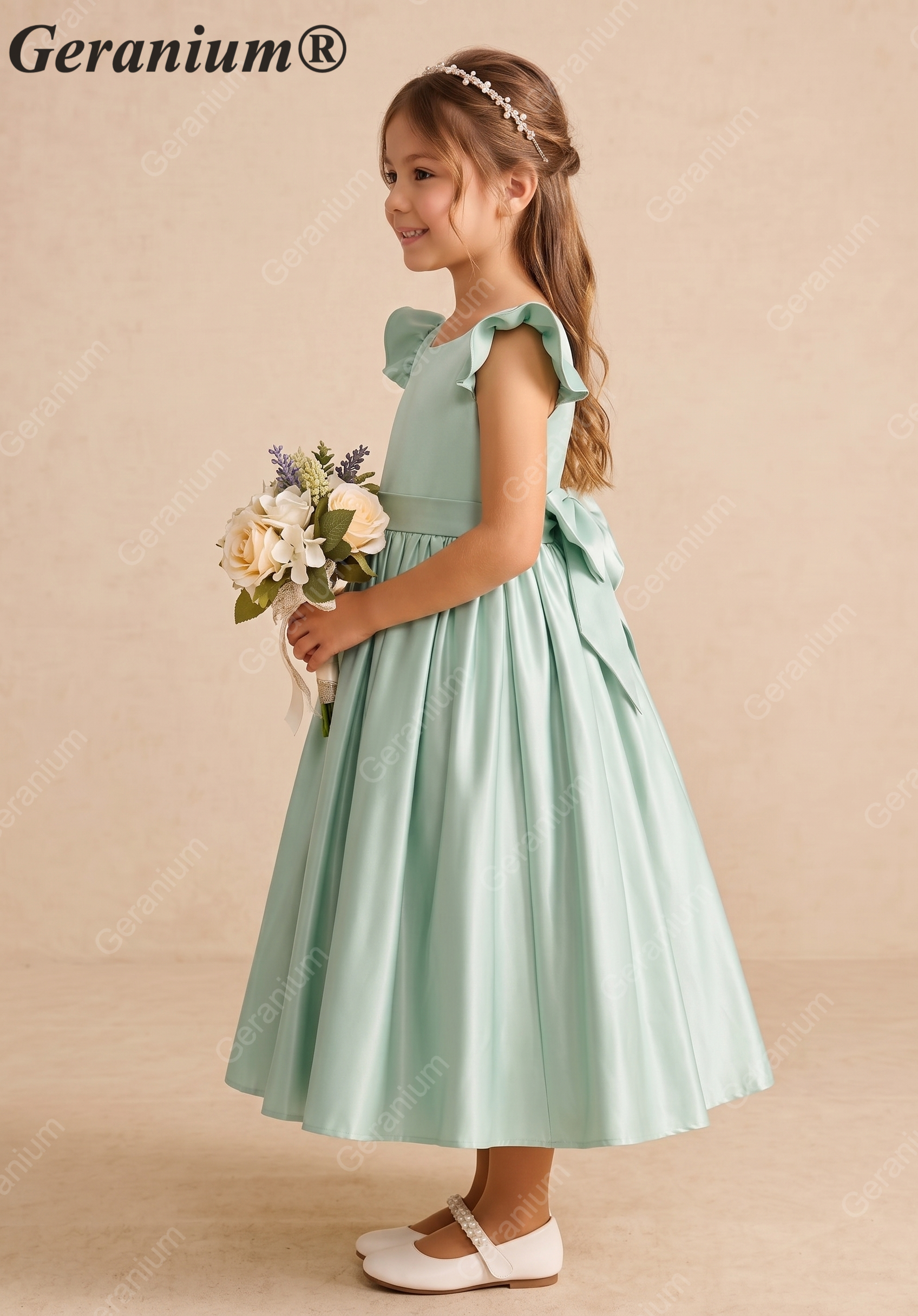 Geranium Mint Green Satin Flower Girl Dress with Flutter Sleeves & Back Bow - Elegant A-Line Communion Party Gown KD-252