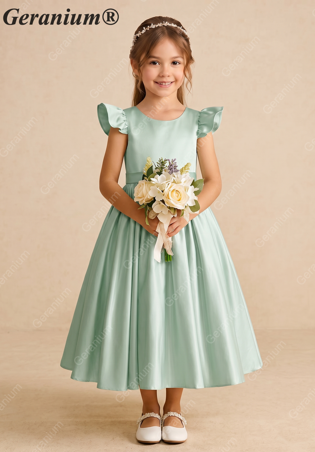 Geranium Mint Green Satin Flower Girl Dress with Flutter Sleeves & Back Bow - Elegant A-Line Communion Party Gown KD-252