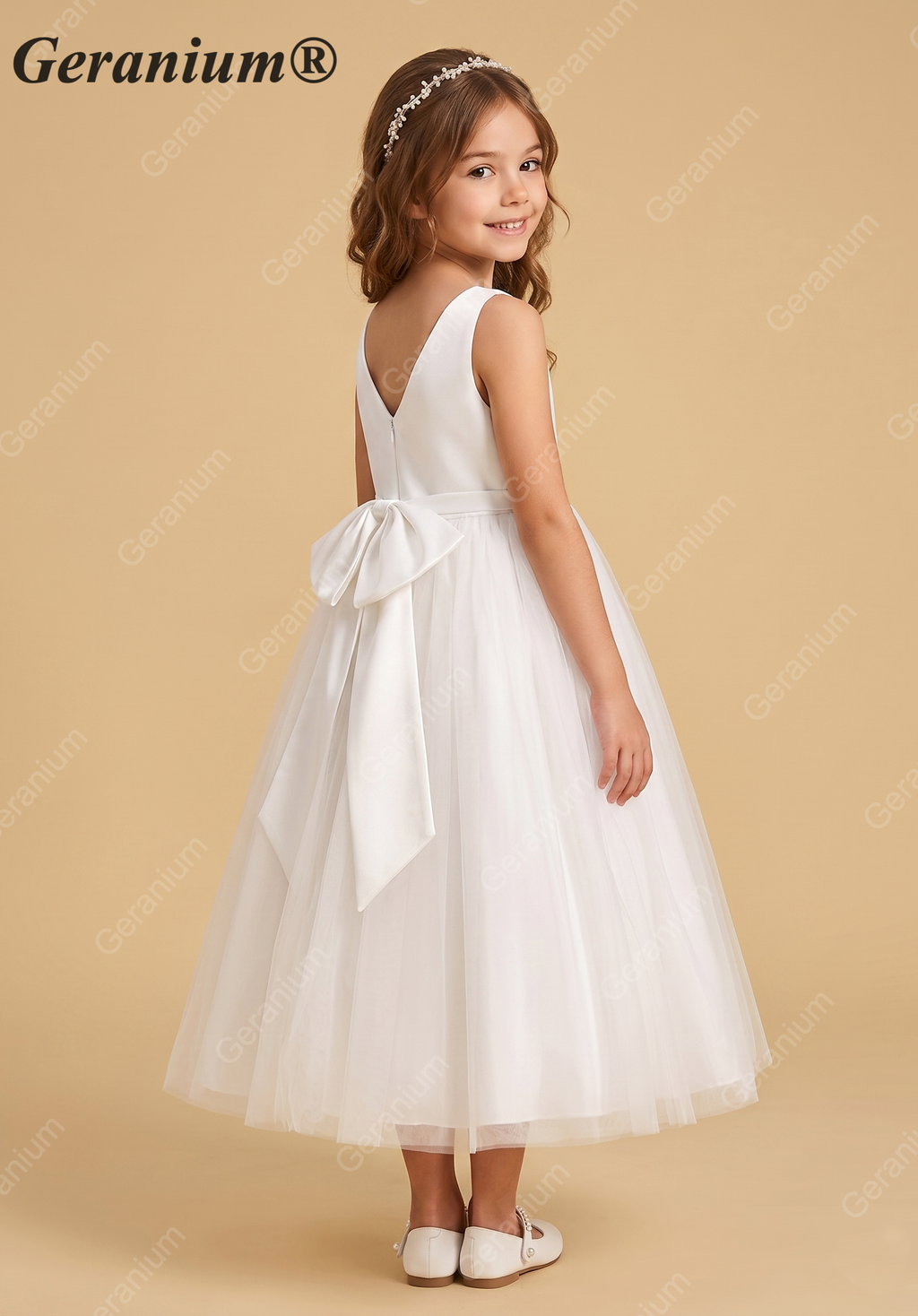 Geranium Simple V-Neck Satin & Tulle Flower Girl Dress - Elegant A-Line Ball Gown with Oversized Back Bow KD-199
