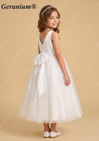 Geranium Simple V-Neck Satin & Tulle Flower Girl Dress - Elegant A-Line Ball Gown with Oversized Back Bow KD-199