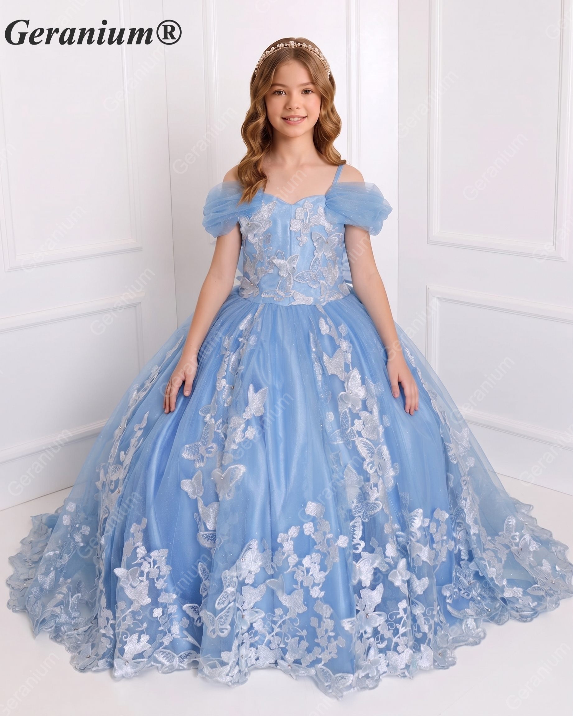 Geranium Couture Light Blue 3D Butterfly Tulle Pageant Ball Gown with Royal Train KD-380 Main image