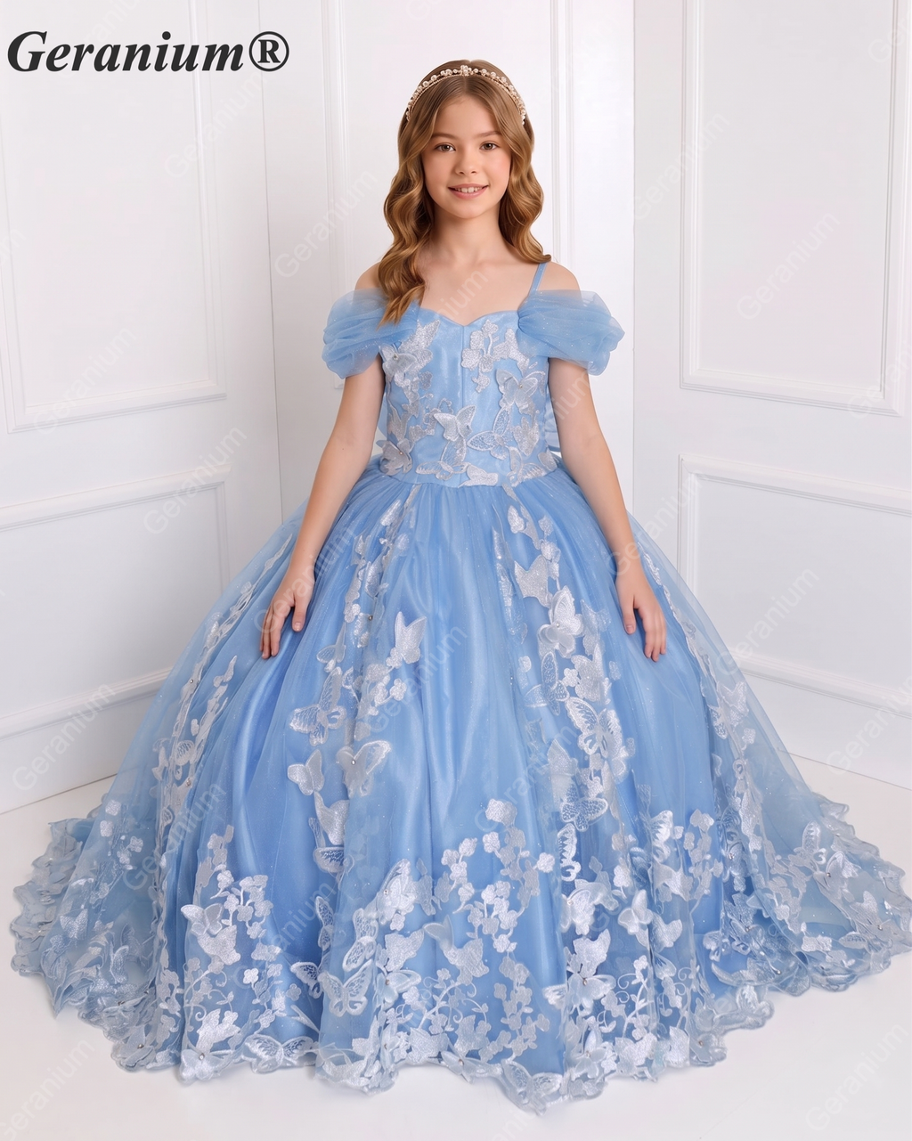 Geranium Couture Light Blue 3D Butterfly Tulle Pageant Ball Gown with Royal Train KD-380