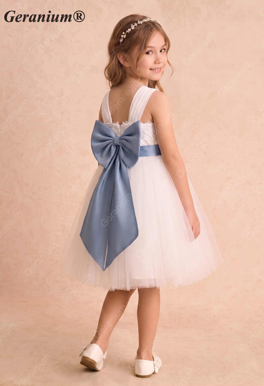 Geranium Floral Lace Tulle Flower Girl Dress with Removable Oversized Back Bow KD-281