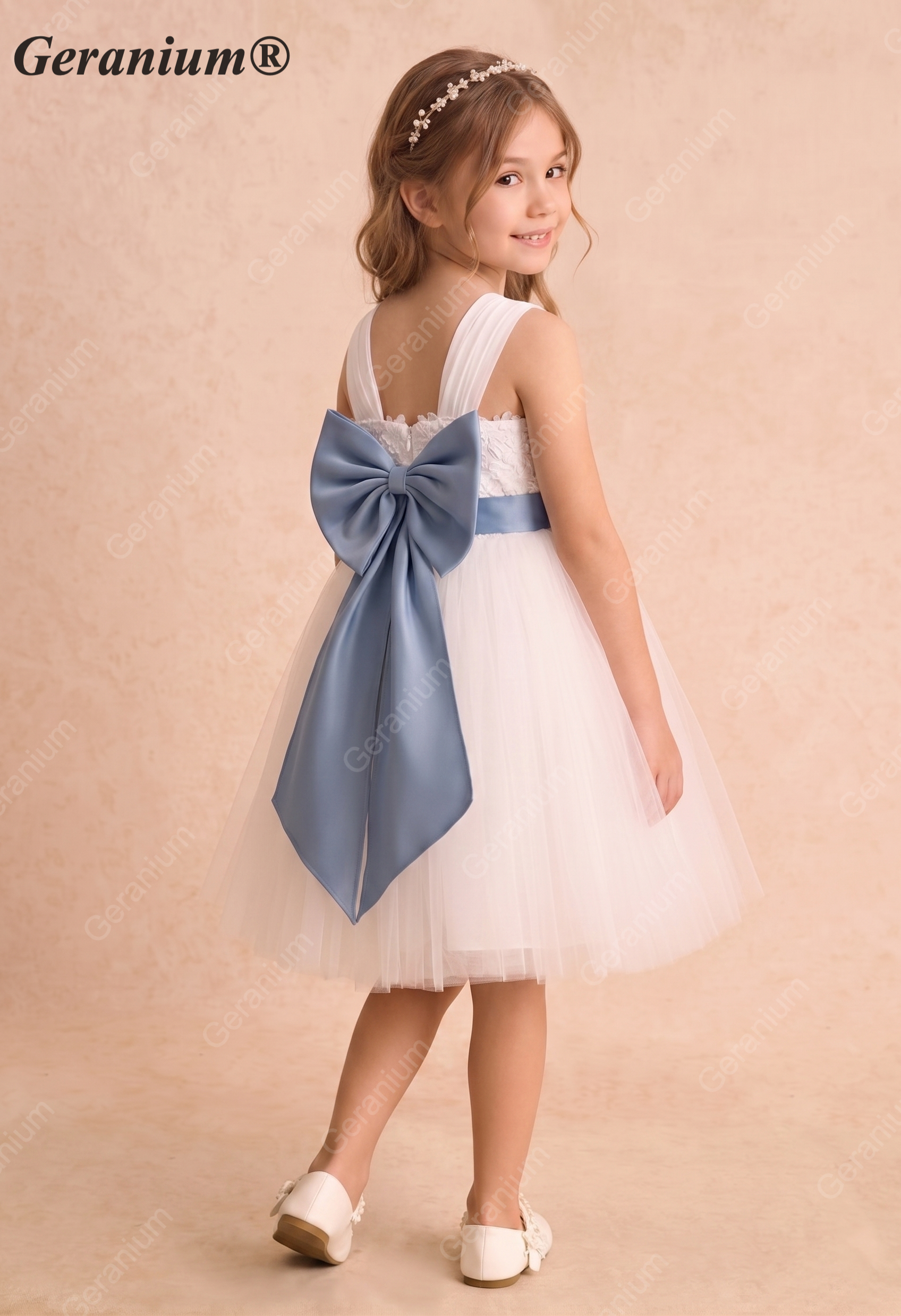 Geranium Floral Lace Tulle Flower Girl Dress with Removable Oversized Back Bow KD-281
