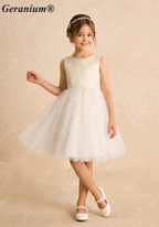 Geranium Elegant Pearl-Studded Tulle Flower Girl Dress with Oversized Back Bow - Champagne & Ivory KD-183