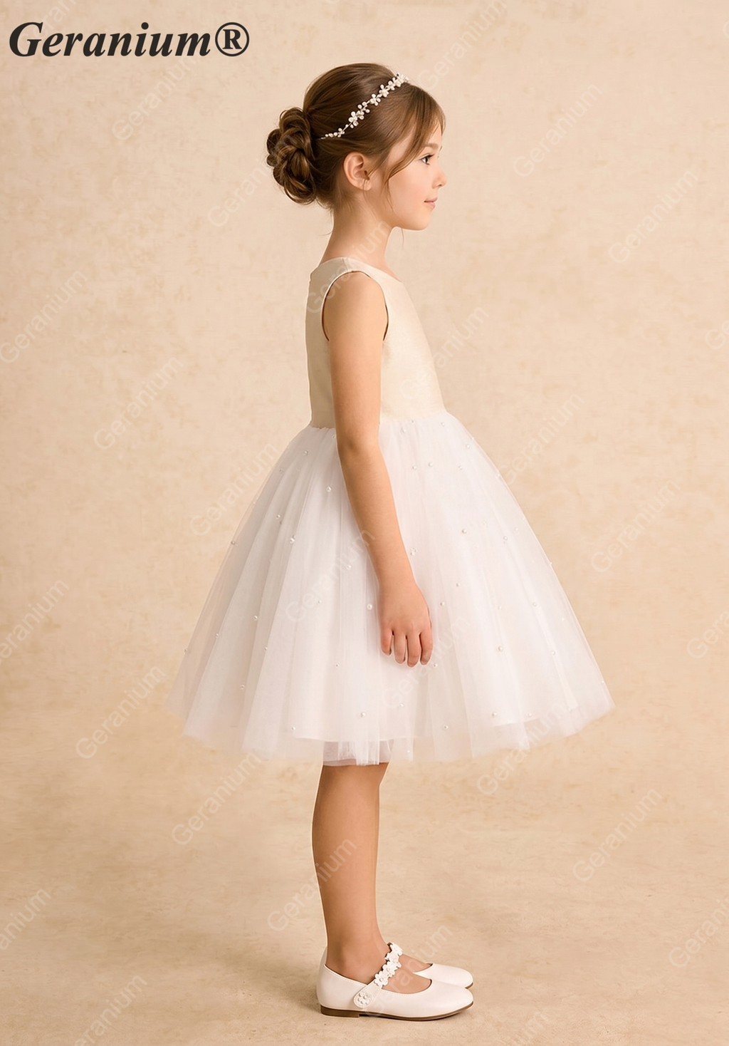 Geranium Elegant Pearl-Studded Tulle Flower Girl Dress with Oversized Back Bow - Champagne & Ivory KD-183