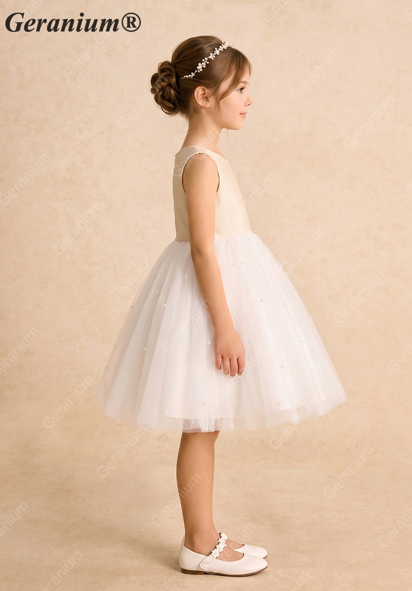 Geranium Elegant Pearl-Studded Tulle Flower Girl Dress with Oversized Back Bow - Champagne & Ivory KD-183