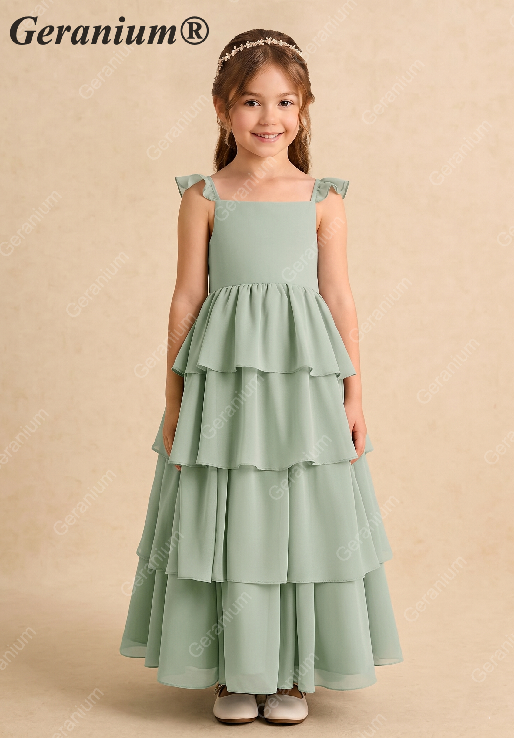 Geranium Sage Green Tiered Chiffon Flower Girl Dress with Flutter Sleeves | Elegant Junior Bridesmaid Gown KD-217 Secondary image