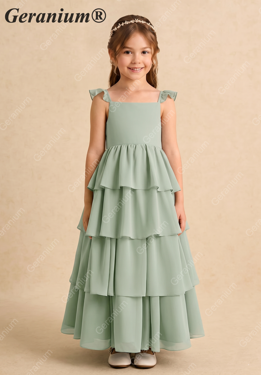Geranium Sage Green Tiered Chiffon Flower Girl Dress with Flutter Sleeves | Elegant Junior Bridesmaid Gown KD-217