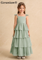 Geranium Sage Green Tiered Chiffon Flower Girl Dress with Flutter Sleeves | Elegant Junior Bridesmaid Gown KD-217