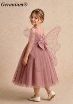 Geranium Enchanter Mauve Butterfly Wing Flower Girl Dress - Tulle Princess Party Gown for Kids KD-214