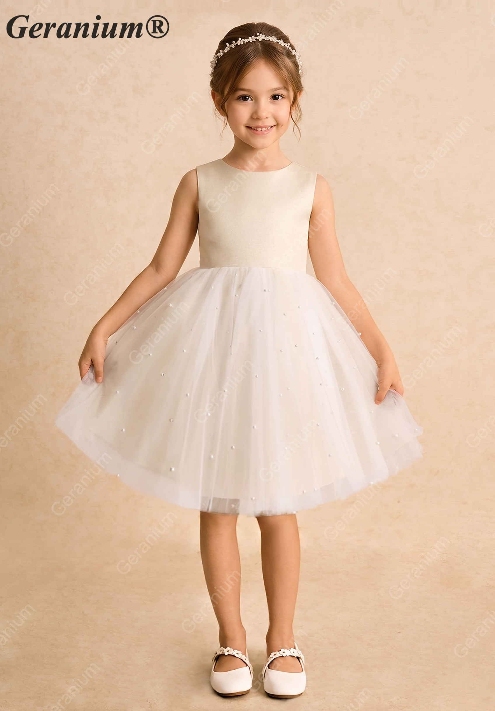 Geranium Elegant Pearl-Studded Tulle Flower Girl Dress with Oversized Back Bow - Champagne & Ivory KD-183 Secondary image