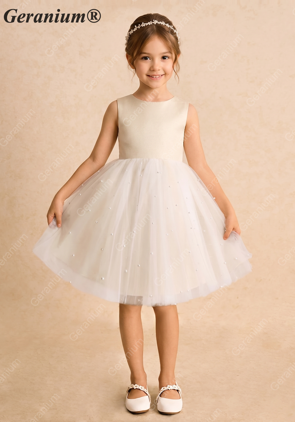 Geranium Elegant Pearl-Studded Tulle Flower Girl Dress with Oversized Back Bow - Champagne & Ivory KD-183