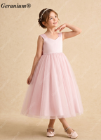 Geranium Elegant Backless Flower Girl Dress with Oversized Detachable Bow - Satin & Tulle Princess Gown KD-184