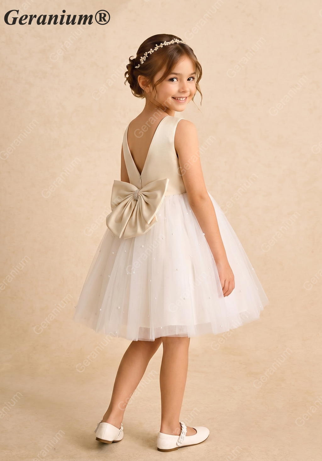 Geranium Elegant Pearl-Studded Tulle Flower Girl Dress with Oversized Back Bow - Champagne & Ivory KD-183