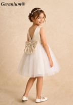 Geranium Elegant Pearl-Studded Tulle Flower Girl Dress with Oversized Back Bow - Champagne & Ivory KD-183